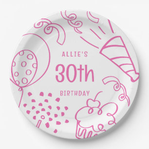 Prato De Papel Aniversário Moderno Desenho De Mão Qualquer Rosa Q