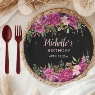 Prato De Papel Aniversário negro de brilho púrpura púrpura, Elega