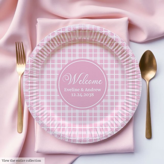 Prato De Papel Aniversário Papel Placa Xadrez Rosa Chic Nome Pers (Birthday Paper Plates Chic Pink Plaid Custom Name)