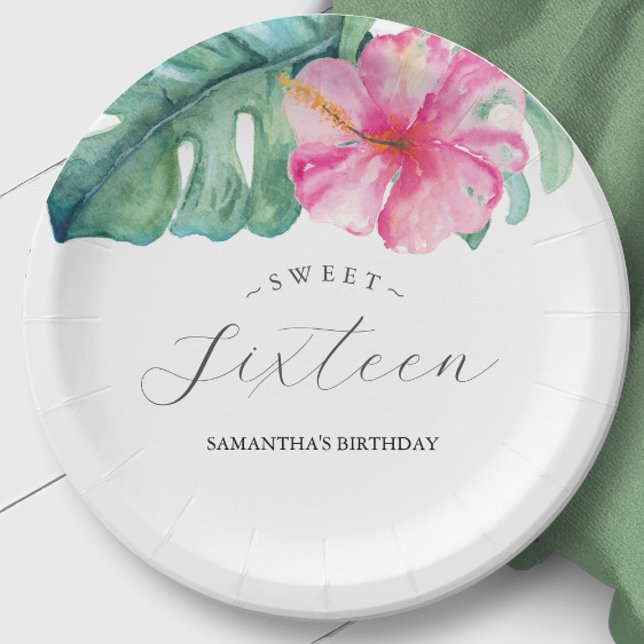 Prato De Papel Aniversário Papel Plates Sweet 16 Tropical (Birthday party sweet 16 paper plates tropical luau theme art and design by Victoria Grigaliunas)