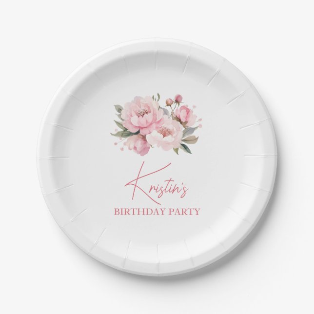 Prato De Papel Aniversário Peônia Rosa (Frente)
