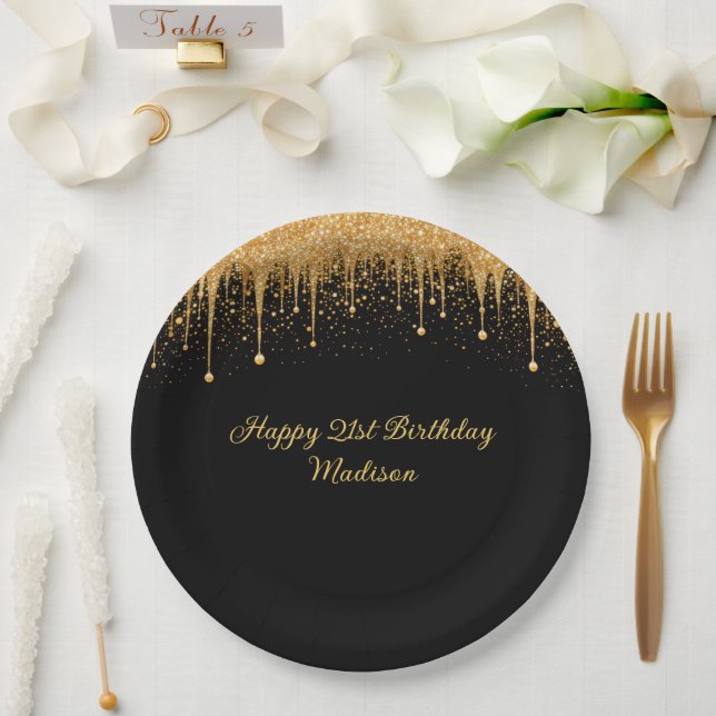Prato De Papel Aniversário Personalizado com Glitter Dourado e Pr (Casamento)