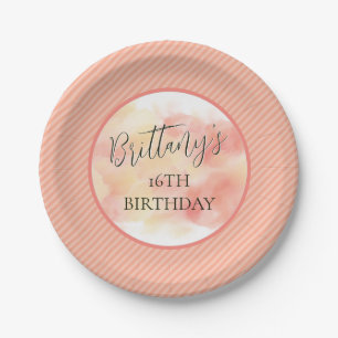 Prato De Papel Aniversário Personalizado Elegante do Pêssego Cora