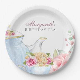 Prato De Papel Aniversário personalizado elegante floral do tea