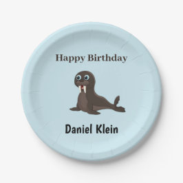 Prato De Papel Aniversário personalizado foca cinza azul fofo
