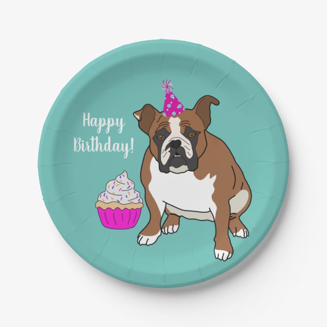 Prato De Papel Aniversário personalizável do Bulldog Inglês (Frente)
