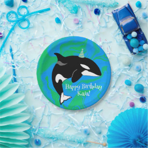 Prato De Papel Aniversário Personável da Baleia Assassina Orca