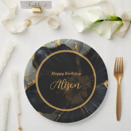 Prato De Papel Aniversário Preto e Dourado Marmorizado