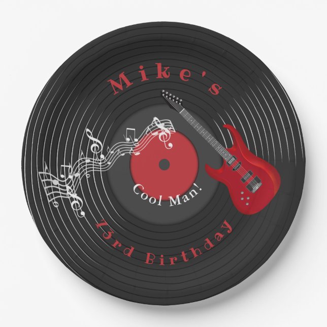 Prato De Papel Aniversário Retro Vinyl Record Rock Music Red Guit (Frente)