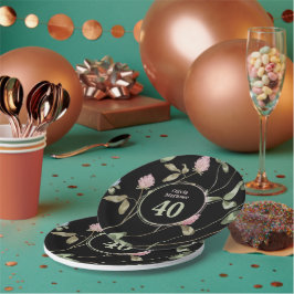 Prato De Papel Aniversário Romântico Preto Rosa Trevo Floral 