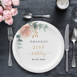 Prato De Papel Aniversário rosa dourado floral eucalipto