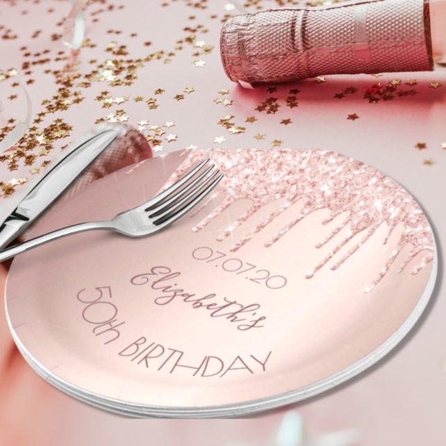 Prato De Papel Aniversário rosa dourado glitter goteja glamouros  (Criador carregado)