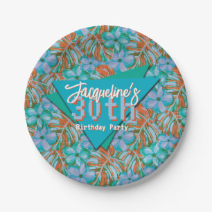 Prato De Papel Aniversário Tropical Laranja e Azul Floral
