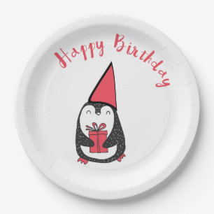 Prato De Papel Aniversário vermelho e preto do pinguim
