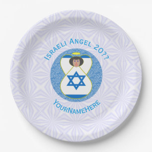 Prato De Papel Anjo da Bandeira Israelense em Azul e Branco Perso