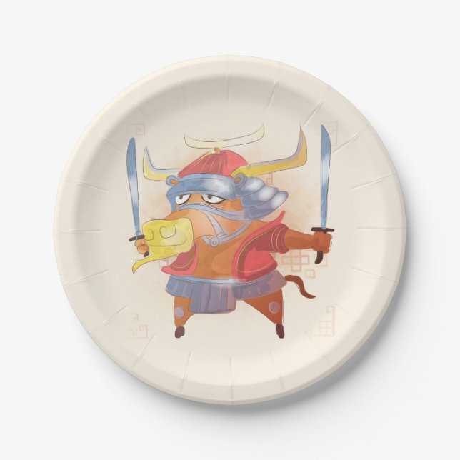 Prato De Papel Ano da Aquarela do Ox, Samurai (Frente)