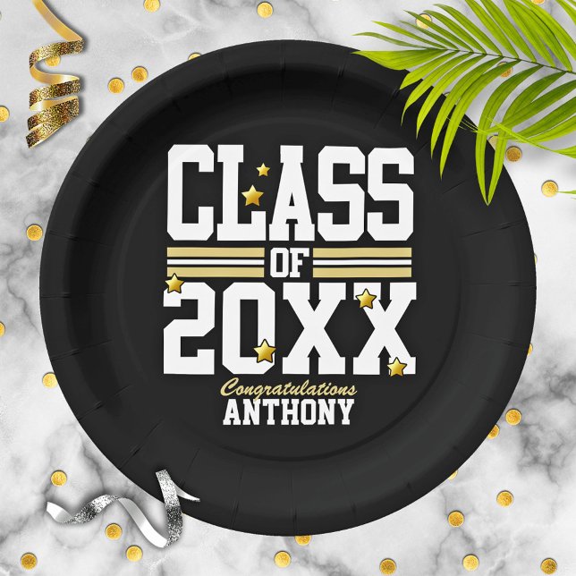 Prato De Papel Ano de Classe de Graduação Preto|Dourado (Criador carregado)