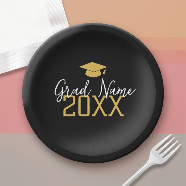 Prato De Papel Ano Grande - Nome e Boné - Graduação Dourada Negra (Custom Graduation Paper Plate)