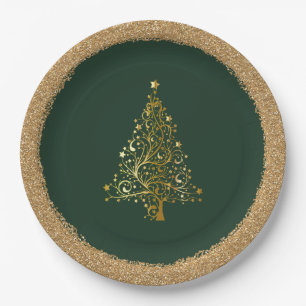 Prato De Papel Anos novos de Natal Elegante Glitter Dourado Verde