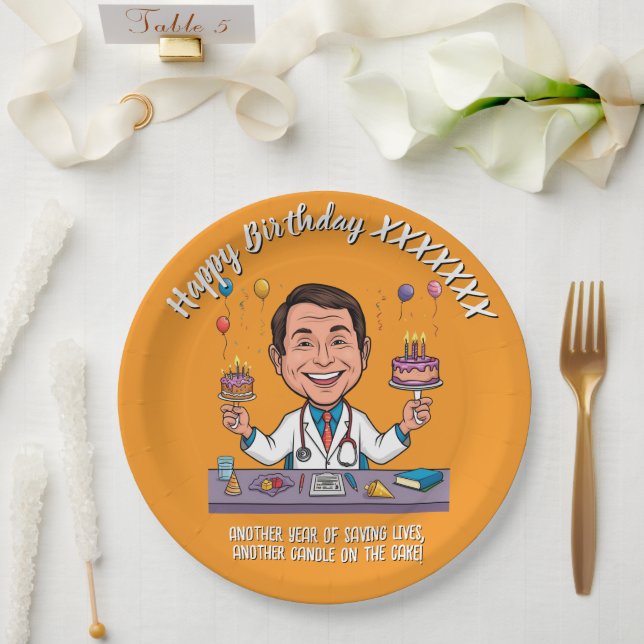 PRATO DE PAPEL ANTISTRESS DOCTORS BIRTHDAY PARTY ORANGE (Casamento)