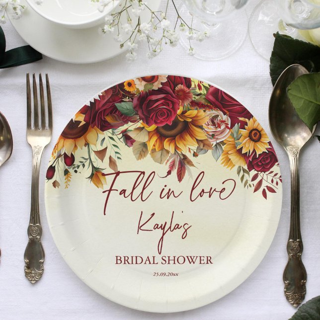 Prato De Papel Apaixonado por chá de panela de girassóis (Fall in love bridal shower personalized plates burgundy roses sunflowers fall autumn themed shower)