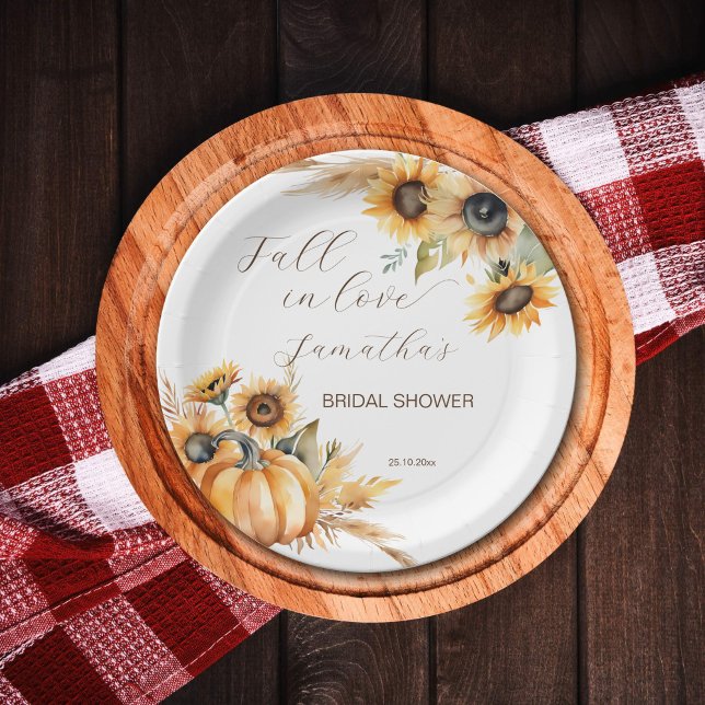 Prato De Papel Apaixonar boho abóbora flores solares louça (Fall in love boho sunflowers pumpkin pampas grass bridal shower tableware personalized plates)