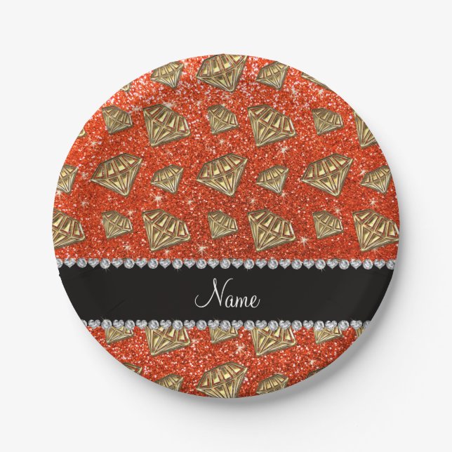Prato De Papel Apelido de ouro, neon laranja-gliter (Frente)