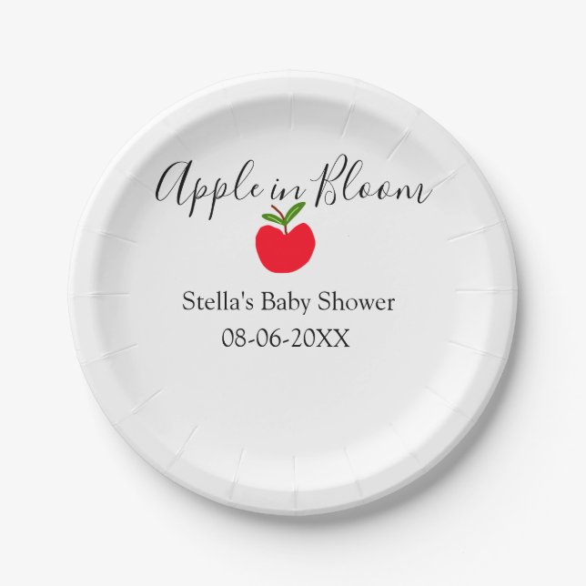 Prato De Papel Apple in bloom baby shower red apple name date  (Frente)