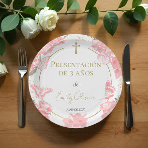 Prato De Papel Apresentação 3 años Papel Placa Butterfles Rosa