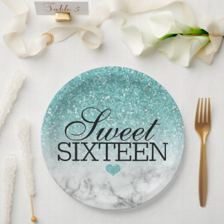 Prato De Papel Aqua Blue Faux Glitter/Marble Sweet 16