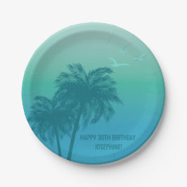 Prato De Papel Aqua Blue Tropical Palm Trees Happy Birthday