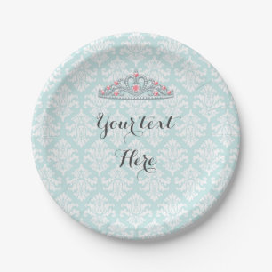 Prato De Papel Aqua Damask Princesa Tiara Personalizar
