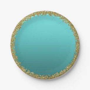 Prato De Papel Aqua Teal Dipped Dourada Glitter Glam Sparkle Part