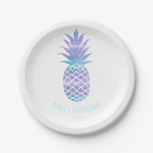 Prato De Papel Aqua Teal & Purple Pineapple Tropical Chic Party
