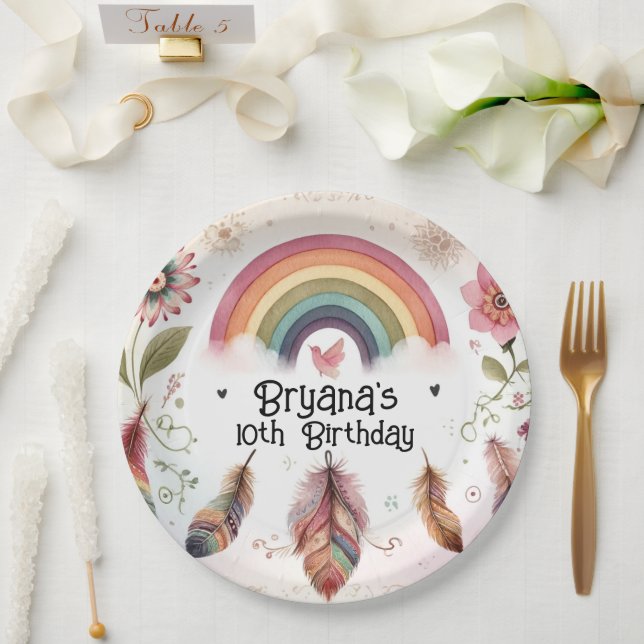 Prato De Papel Aquarela Arco-Íris Pássaro e Penas Boho Aniversári (Casamento)