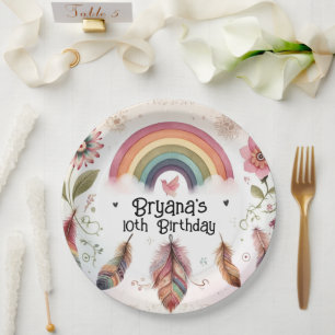 Prato De Papel Aquarela Arco-íris Pássaro & Penas Boho Aniversári