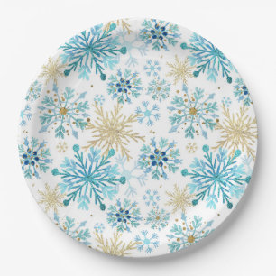 Prato De Papel Aquarela Azul e Dourado Lascas de Inverno Flocos d