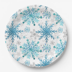Prato De Papel Aquarela Azul e Glitter Prata Flocos de Neve de In