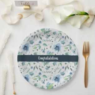 Prato De Papel Aquarela Azul em Floral Cinza Claro Personalizado 