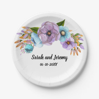 Prato De Papel Aquarela Boho Floral Lilás & Verde Personalize