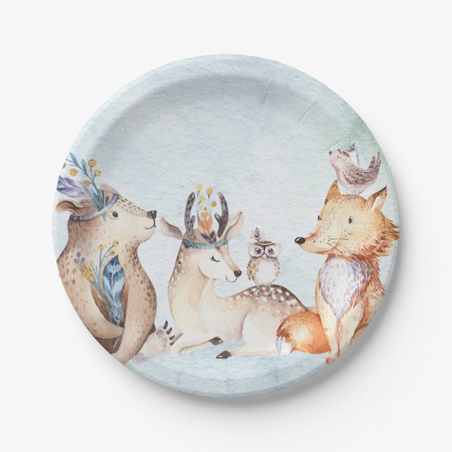 Prato De Papel Aquarela Boho Urso Animais Rústicos Chá de Bebê (Frente)