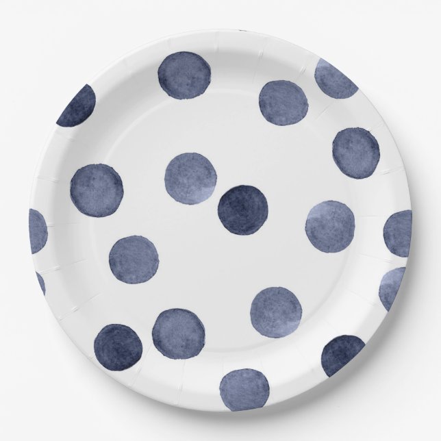 Prato De Papel Aquarela. Bolinhas azul. (Frente)