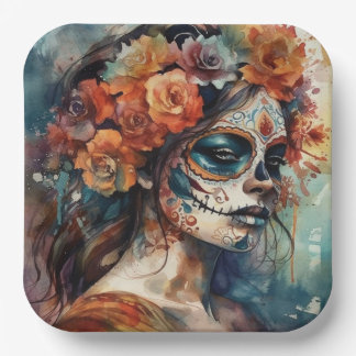 Prato De Papel Aquarela Catrina Dia de los Muertos Crânio de Açúc