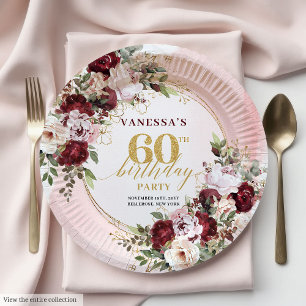 Prato De Papel Aquarela Chic Boho Borgonha Rosa 60º Aniversário