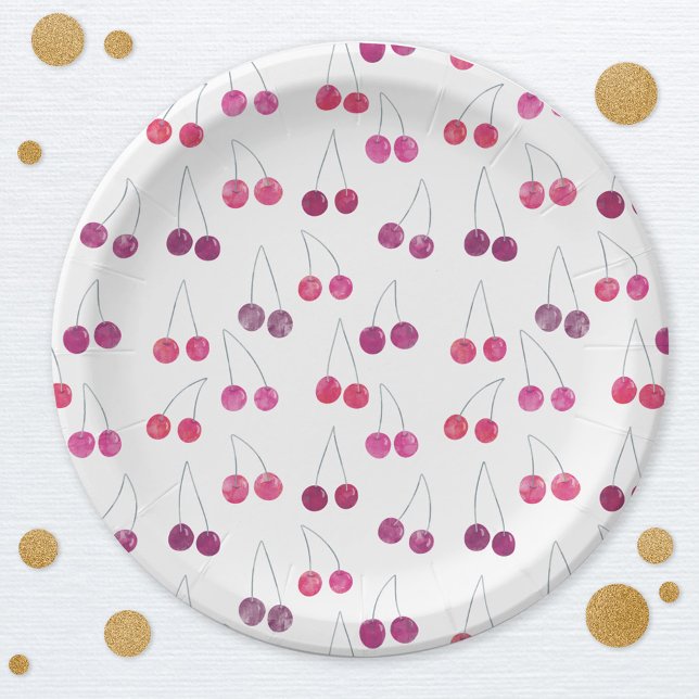 Prato De Papel Aquarela de Cereja (Cherry watercolor pattern party paper plates)