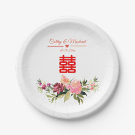 Prato De Papel Aquarela flor dupla felicidade casamento chinês