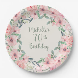 Prato De Papel Aquarela Floral Rosa Corado Aniversário de 70 anos