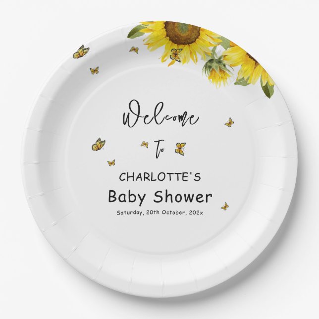 Prato De Papel Aquarela Girassóis e Borboletas Chá de fraldas (Frente)