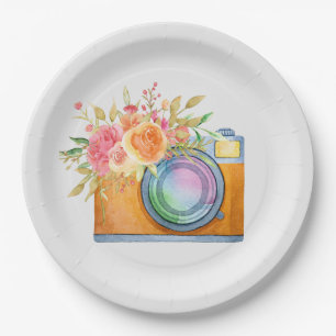 Prato De Papel aquarela+ilustração, laranja+câmara, floral+bou