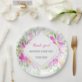Prato De Papel Aquarela Moderna Boho Lilás Floral 
